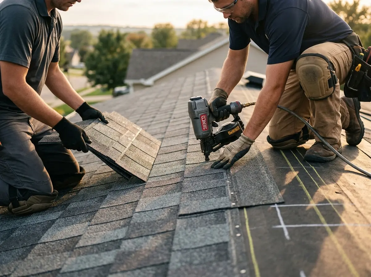 Professional roofer working on a residential roof in Moraga